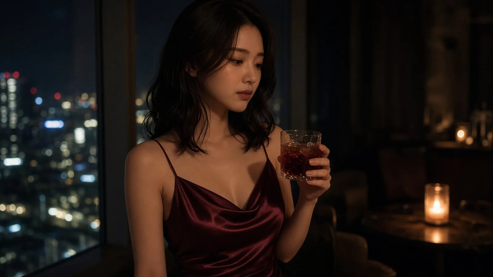 夜の窓際で、ワインレッドのドレスの女性がグラスを見る
