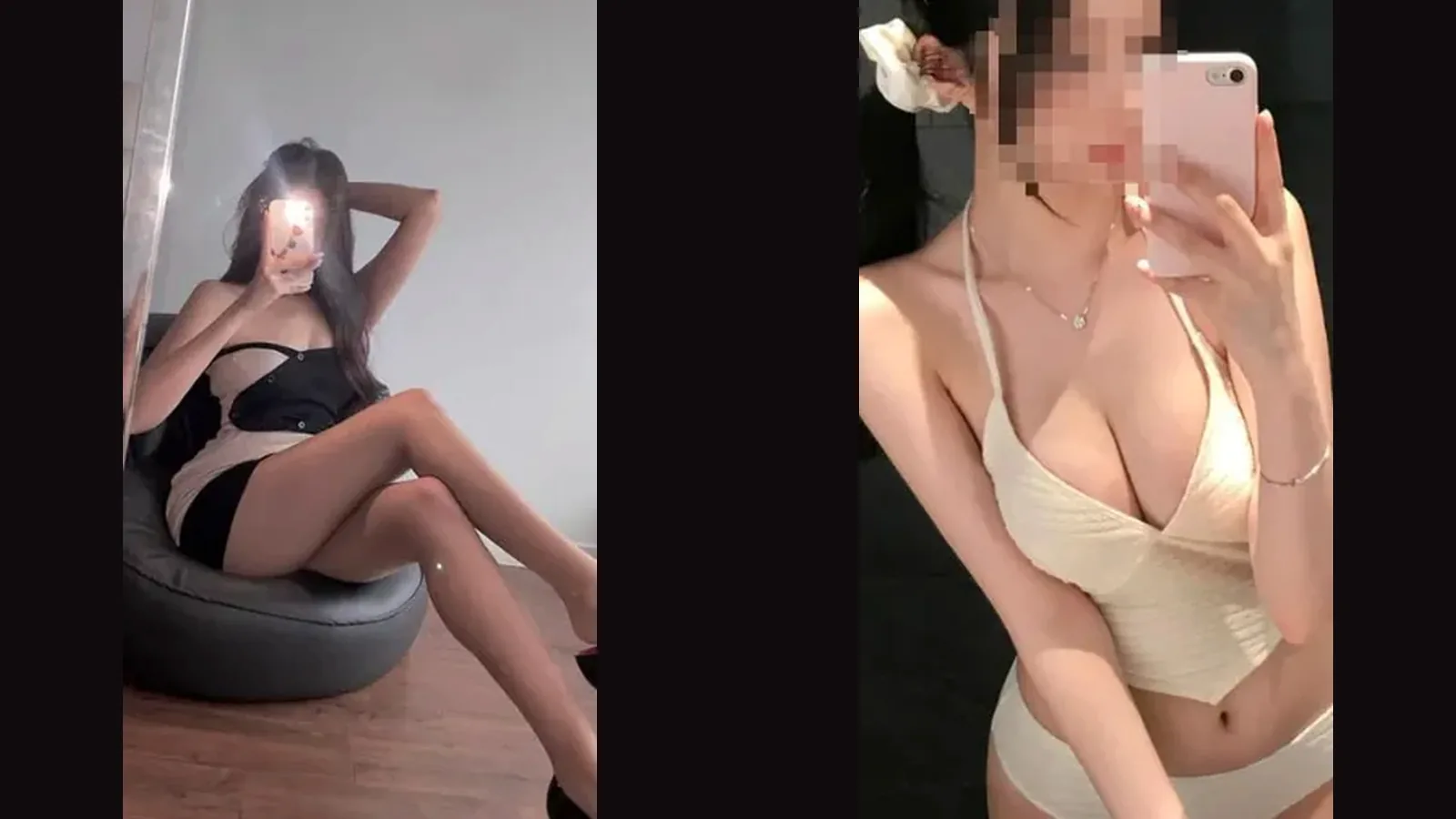 室内で待つときの写真。ソファに座る姿と、鏡の前の姿